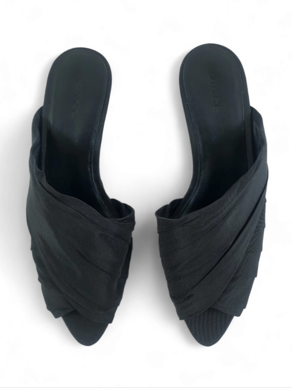 VINCE Ruched  Zoey Kitten Heel Asymmetric Gathered Peep Toe Mule Pointed Low 7.5